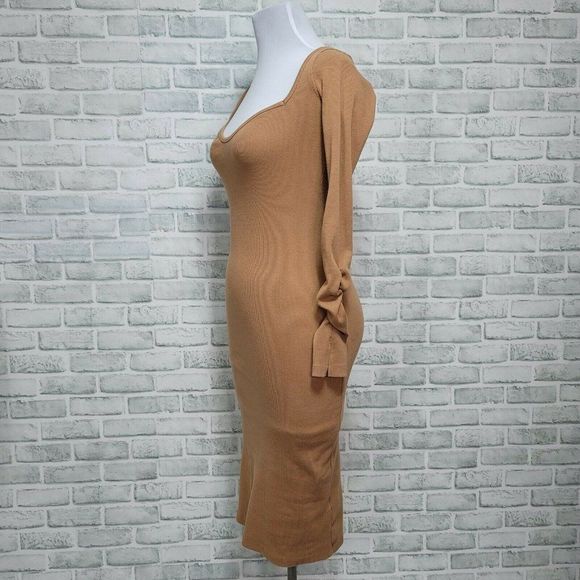 Missguided Womens 6 Tan Ribbed Sweetheart Neckline Midi Cocktail Dress - Picture 4 of 7